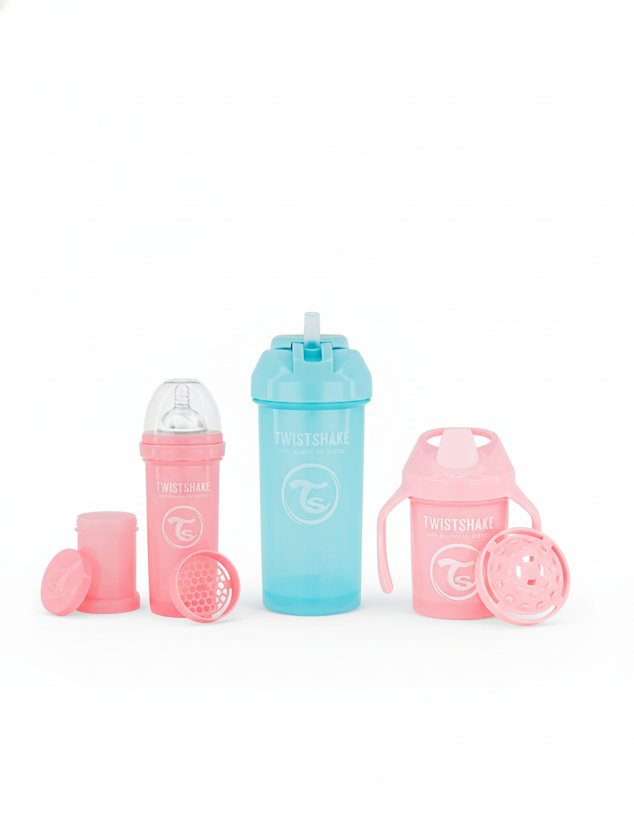 Set of Twistshake baby bottle, straw cup and spill-free sippy cup.