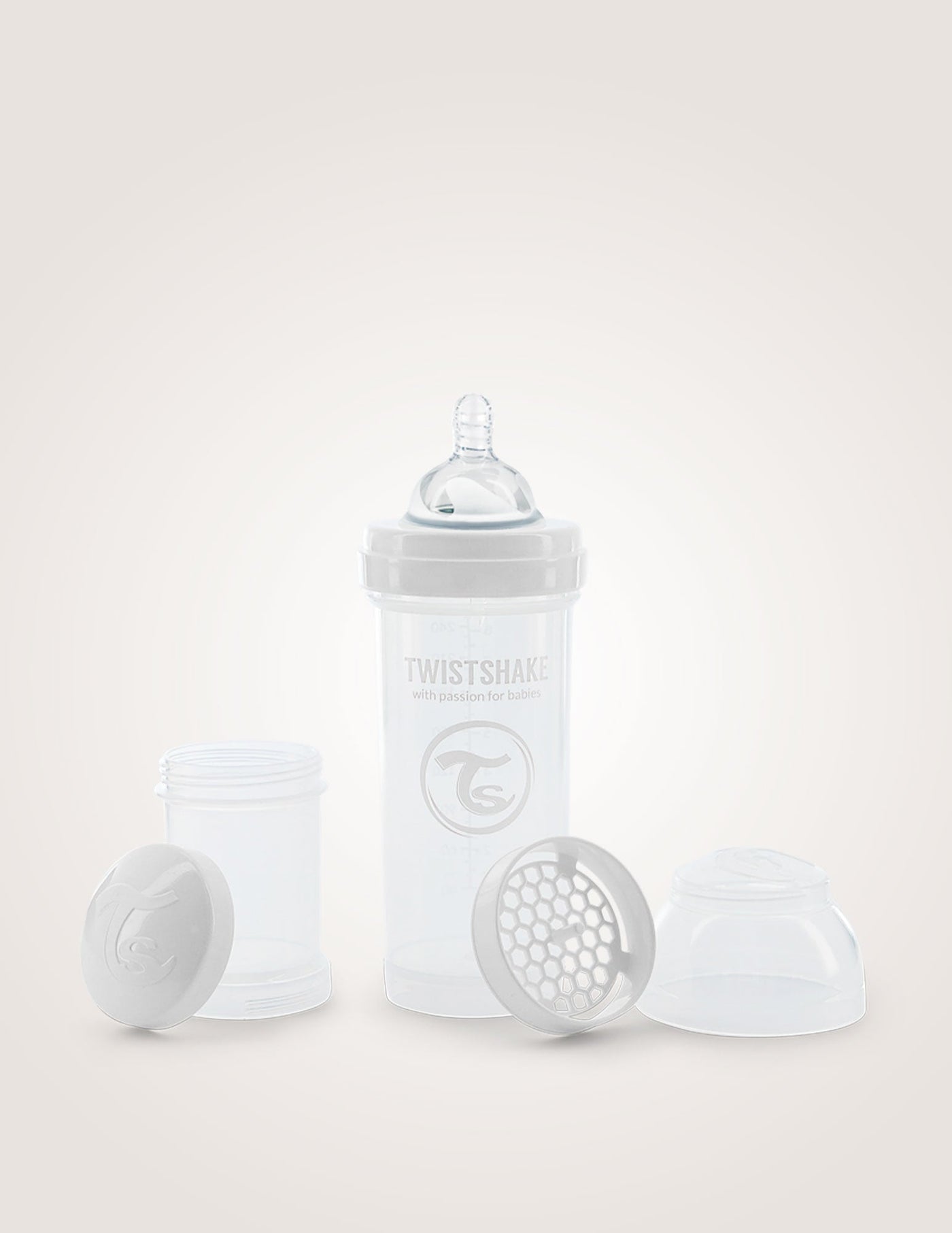 Pastel white anti-colic baby bottle 260ml, Twistshake with integrated mixer, teat, and stackable powder containers.