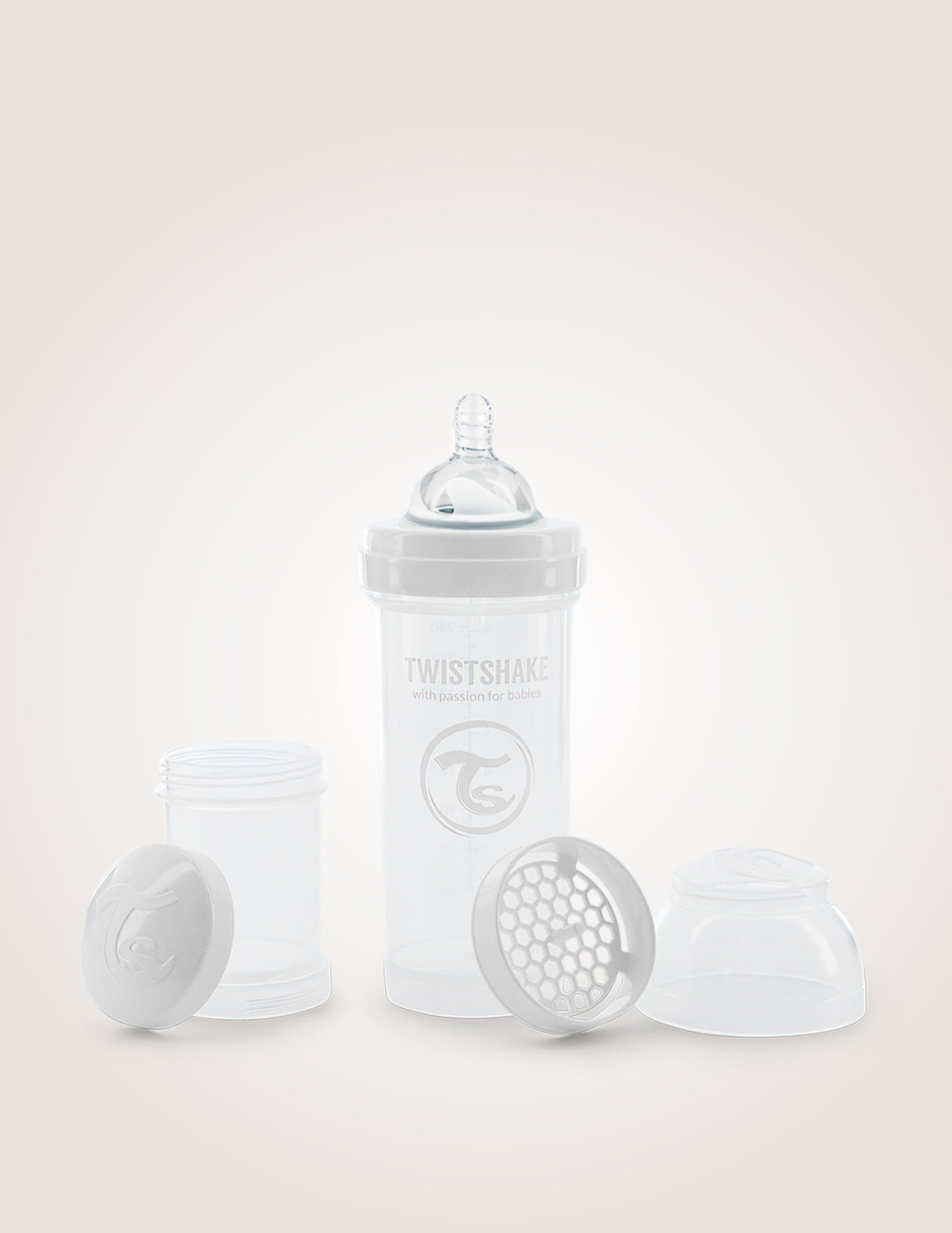 Pastel white anti-colic baby bottle 260ml, Twistshake with integrated mixer, teat, and stackable powder containers.